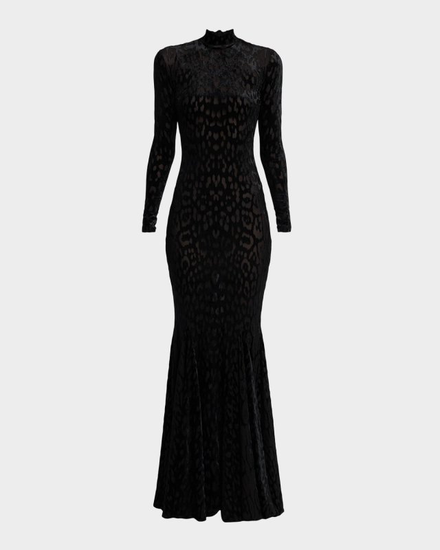 Jaguar Velvet Mock-Neck Long-Sleeve Trumpet Gown